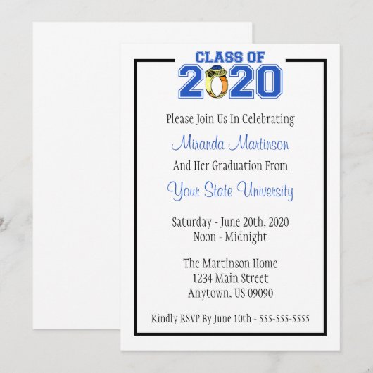 Klasse van 2020 Uitnodiging tot Afstuderen (blauwe (Voorkant / Achterkant)