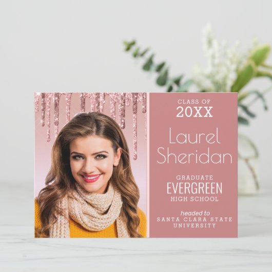 Klasse van 2021 Afstuderen Roze Glitter Custom Pho Aankondiging (Staand voorkant)