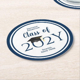 Klasse van 2021 Elegant Navy Blue Graduation Party Ronde Kartonnen Onderzetter