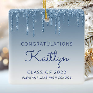 Klasse van 2022 Blue Glitter Drip Photo Afstuderen Keramisch Ornament