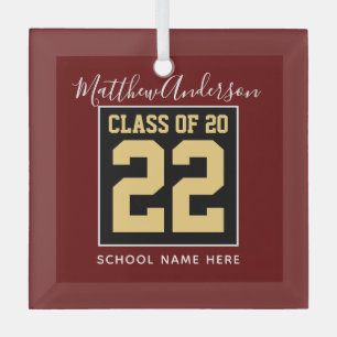 Klasse van 2022 Burgundy Black en Gold Afstuderen Glas Ornament