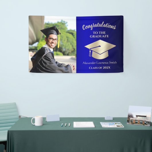 Klasse van 2022 Gefeliciteerd Afstuderen Blue Gold Spandoek (Beurs)
