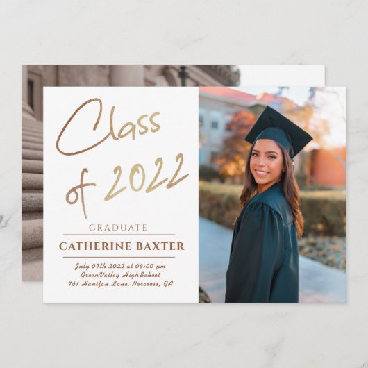 Klasse van 2022 Gold Custom Photo Modern Afstudere Kaart (Voorkant / Achterkant)