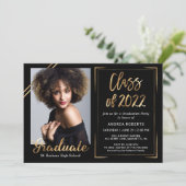 Klasse van 2022 Modern Black Gold Photo Afstuderen Kaart (Staand voorkant)