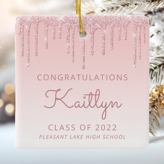 Klasse van 2022 Roze Glitter Drip Photo Afstuderen Keramisch Ornament