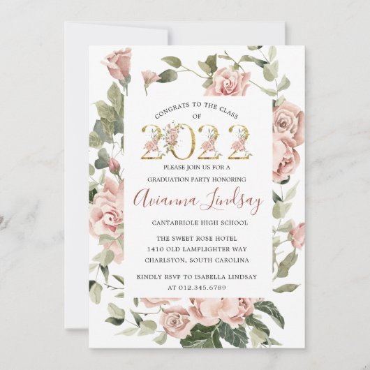Klasse van 2022 Roze Rose Floral Afstuderen Invita Kaart