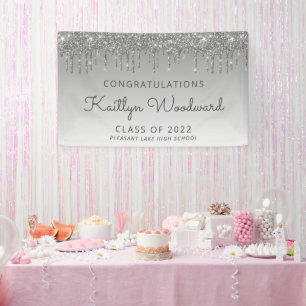Klasse van 2022 Silver Glitter Drip Afstuderen Spandoek