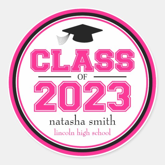 Klasse van 2023 Afstuderen Favor (warm roze / zwar Ronde Sticker (Voorkant)