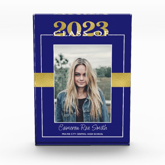 Klasse van 2023 Blauwe en gouden Afstuderen Keepom Fotoblokken (Voorkant)