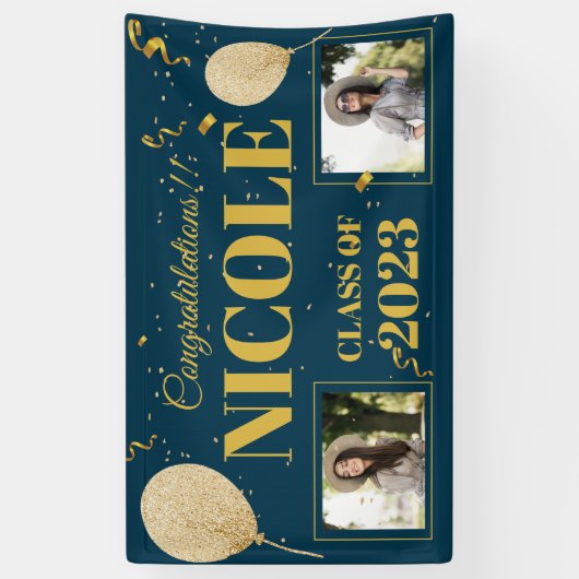 Klasse van 2023 Blue Gold-ballonfotoAfstuderen Spandoek (Verticaal)