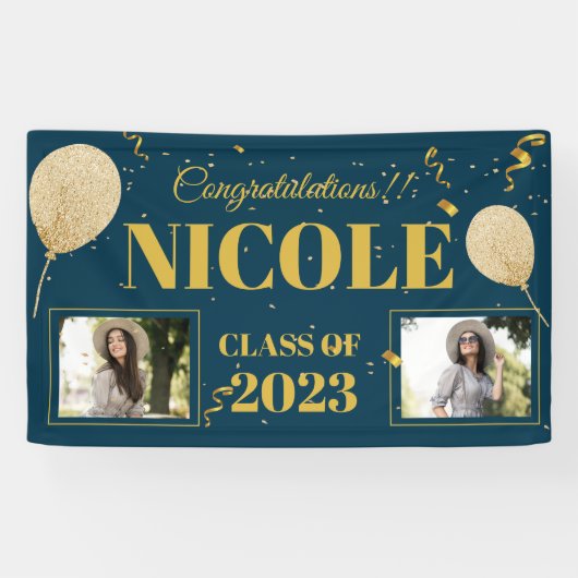 Klasse van 2023 Blue Gold-ballonfotoAfstuderen Spandoek (Horizontaal)