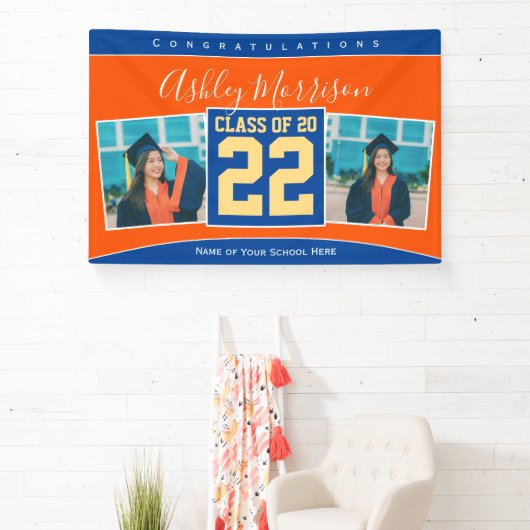 Klasse van 2023 Blue Oranje Gold Afstuderen Foto Spandoek (Insitu)