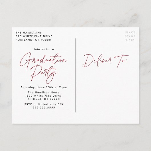 Klasse van 2023 Burgundy Script Graduation Party Uitnodiging Briefkaart (Achterkant)