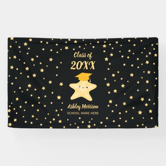 Klasse van 2023 Cute Black en Gold Star-Afstuderen Spandoek (Horizontaal)