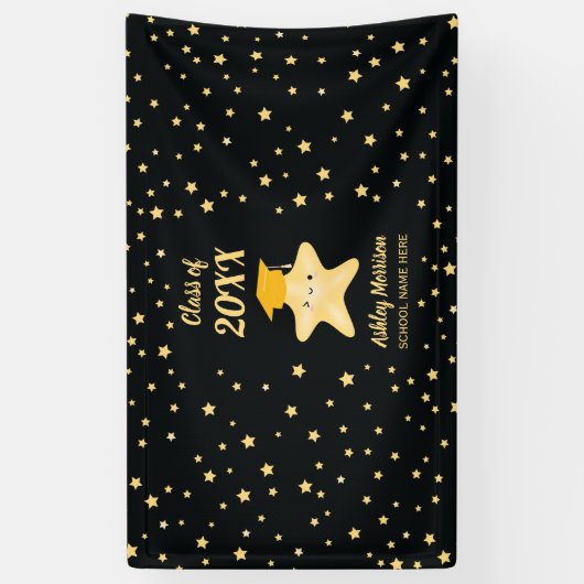 Klasse van 2023 Cute Black en Gold Star-Afstuderen Spandoek (Verticaal)