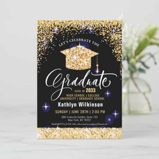 Klasse van 2023 Elegant Gold Glitter Afstuderen Kaart (Staand voorkant)