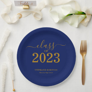 Klasse van 2023 Gold Navy Blue Graduation Party Papieren Bordje
