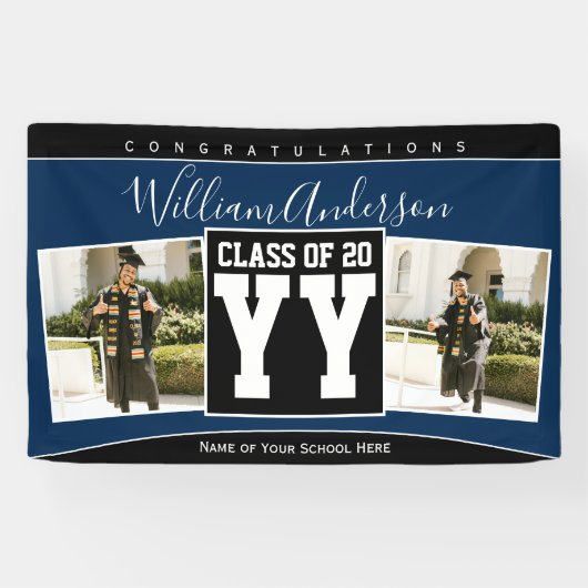 Klasse van 2023 Navy Blue & Black Afstuderen Photo Spandoek (Horizontaal)