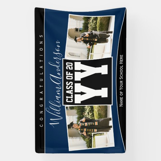Klasse van 2023 Navy Blue & Black Afstuderen Photo Spandoek (Verticaal)