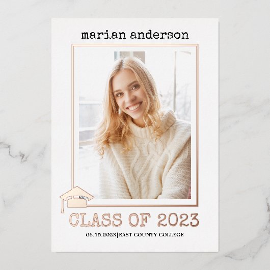 Klasse van 2023 roos gouden folie afstuderen foto  folie uitnodiging (Voorkant)