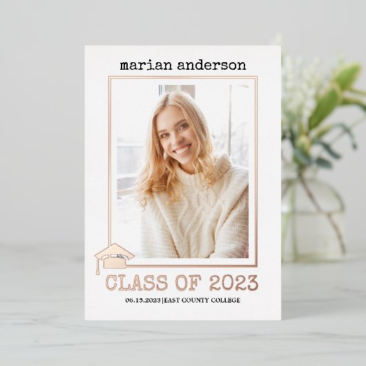 Klasse van 2023 roos gouden folie afstuderen foto  folie uitnodiging (Staand Voorkant)