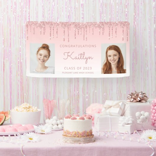 Klasse van 2023 Roze glitter Drip 2-foto-Afstudere Spandoek (Feest)