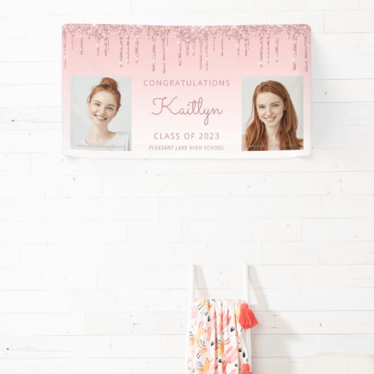 Klasse van 2023 Roze glitter Drip 2-foto-Afstudere Spandoek