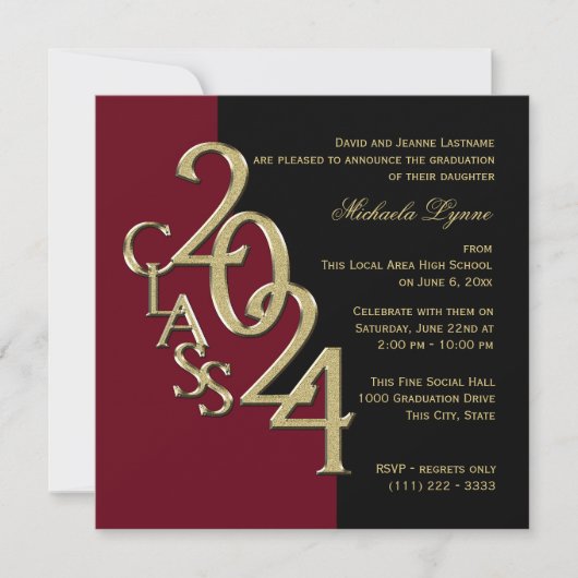 Klasse van 2024 Afstudeerder Bourgogne en Goud Kaart (Voorkant)