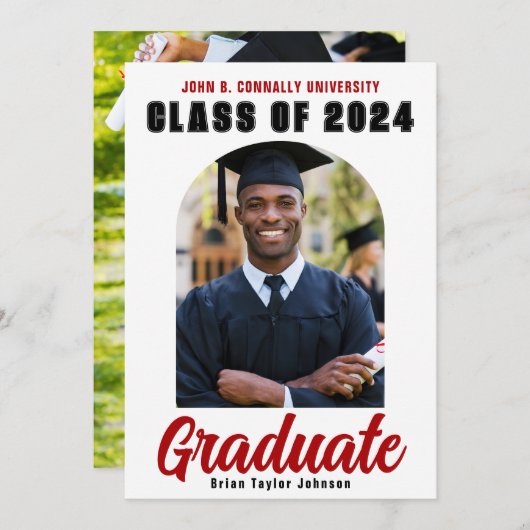 Klasse van 2024 Afstuderen Foto Modern Rood Afstud Aankondiging (Voorkant / Achterkant)
