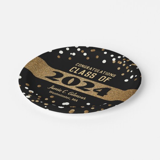 Klasse van 2024 Afstuderen goud zwart wit confetti Papieren Bordje (Gekanteld)