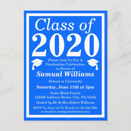 Klasse van 2024 Blauw Wit Afstuderen Uitnodiging Briefkaart (Voorkant)