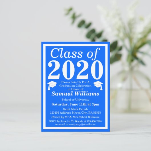 Klasse van 2024 Blauw Wit Afstuderen Uitnodiging Briefkaart (Staand voorkant)