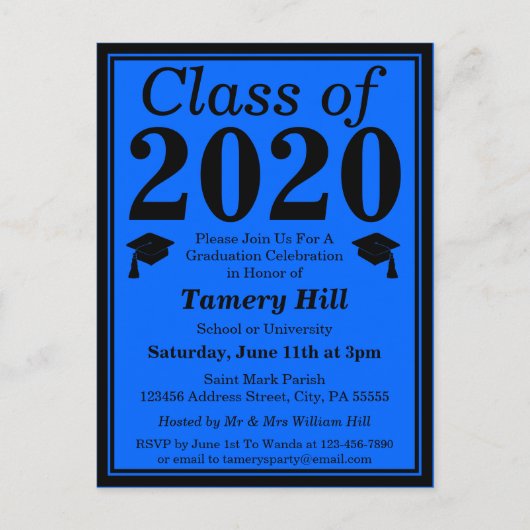 Klasse van 2024 Blauw Zwart Afstuderen Uitnodiging Briefkaart (Voorkant)