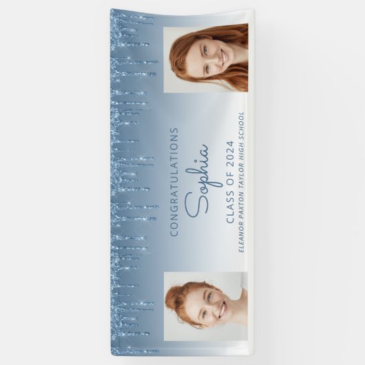 Klasse van 2024 Blue Glitter 2-foto Afstuderen Spandoek (Verticaal)
