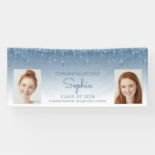 Klasse van 2024 Blue Glitter 2-foto Afstuderen Spandoek (Horizontaal)