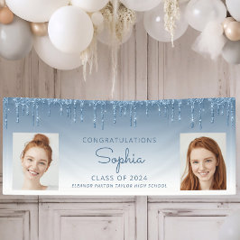 Klasse van 2024 Blue Glitter 2-foto Afstuderen Spandoek