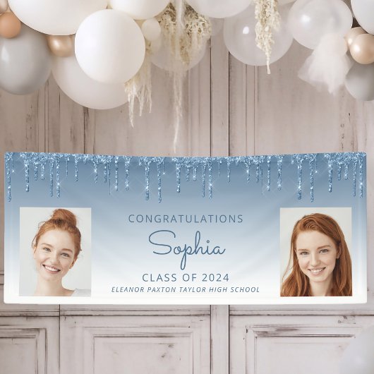 Klasse van 2024 Blue Glitter 2-foto Afstuderen Spandoek