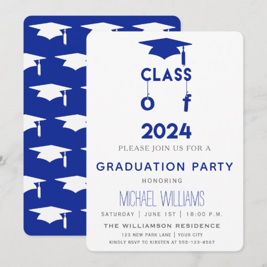 Klasse van 2024 - Blue Graduation Party uitnodigin Kaart (Voorkant / Achterkant)