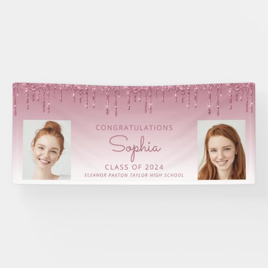 Klasse van 2024 Bourgogne Glitter 2-foto Afstudere Spandoek (Horizontaal)