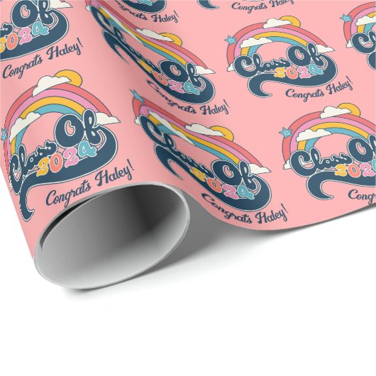 Klasse van 2024 Custom Name Rainbow Wrapping Paper Cadeaupapier (Rol Hoek)
