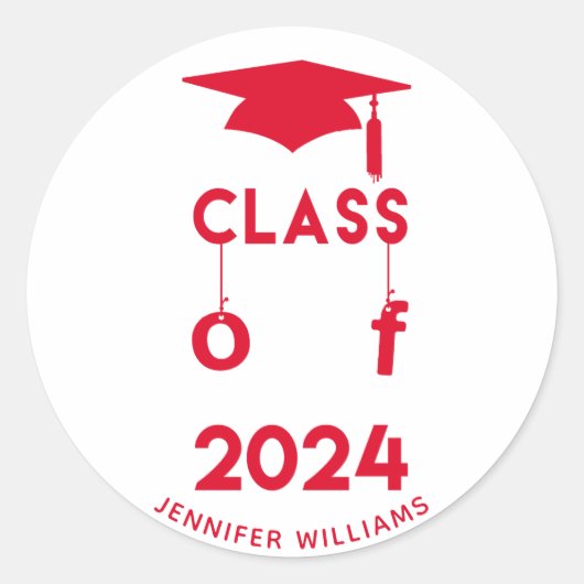 Klasse van 2024 - gepersonaliseerd rood Afstuderen Ronde Sticker (Voorkant)