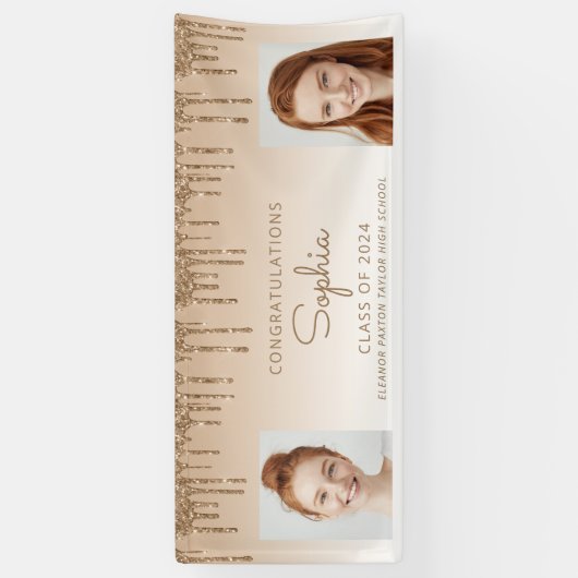 Klasse van 2024 Gold Glitter 2-foto Afstuderen Spandoek (Verticaal)