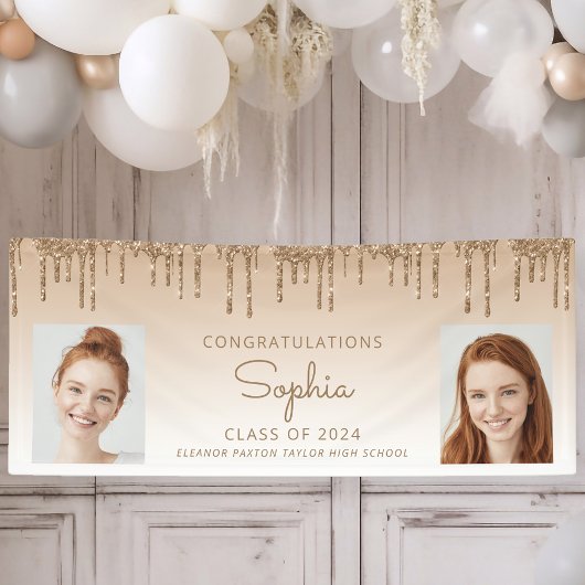 Klasse van 2024 Gold Glitter 2-foto Afstuderen Spandoek