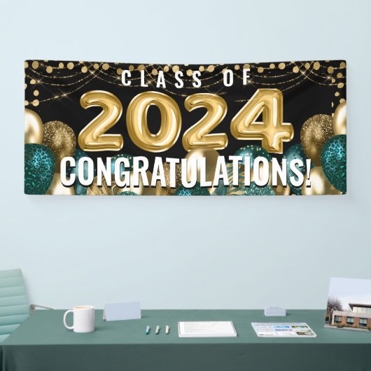 Klasse van 2024 Gold Glitter Balloons Afstuderen Spandoek (Beurs)