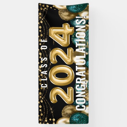 Klasse van 2024 Gold Glitter Balloons Afstuderen Spandoek (Verticaal)