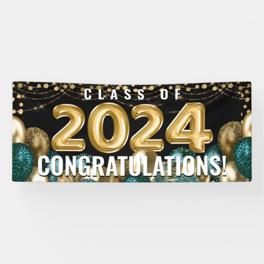 Klasse van 2024 Gold Glitter Balloons Afstuderen Spandoek (Horizontaal)