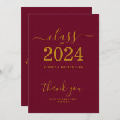 Klasse van 2024 Gold Maroon Afstuderen Bedankkaart (Voorkant / Achterkant)