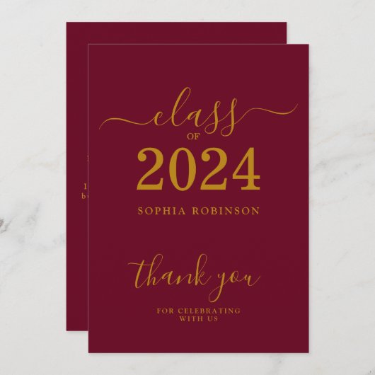 Klasse van 2024 Gold Maroon Afstuderen Bedankkaart (Voorkant / Achterkant)
