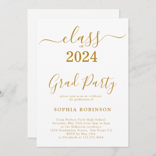 Klasse van 2024 Gold Script Graduation Party Kaart (Voorkant / Achterkant)