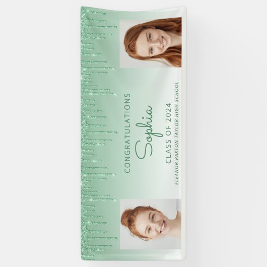 Klasse van 2024 Green Glitter 2-foto Afstuderen Spandoek (Verticaal)